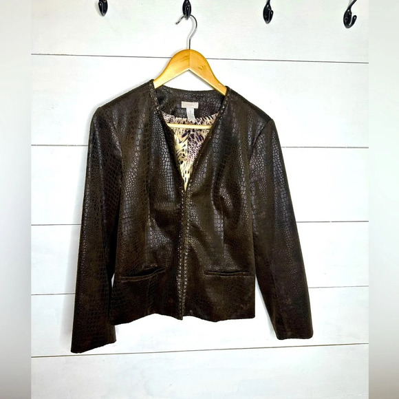 Chicos Snake Skin Faux Leather Jacket Brown Medium Size 1 8 Embossed Reptile - Picture 1 of 9